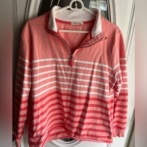 Wool Overs Women’s Pink Stripped Pullover Quarter Zip Sweater Large With Pockets